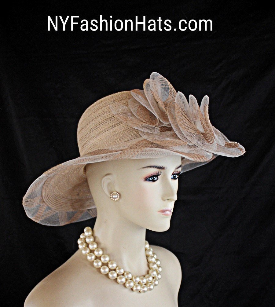 Camel Taupe Beige Brown Wide Big Brim Hat, CoutureDesignerHats, Hats For Horse Races, Kentucky Derby Hats, Designer Dress Fashion Hat Women - Image 8