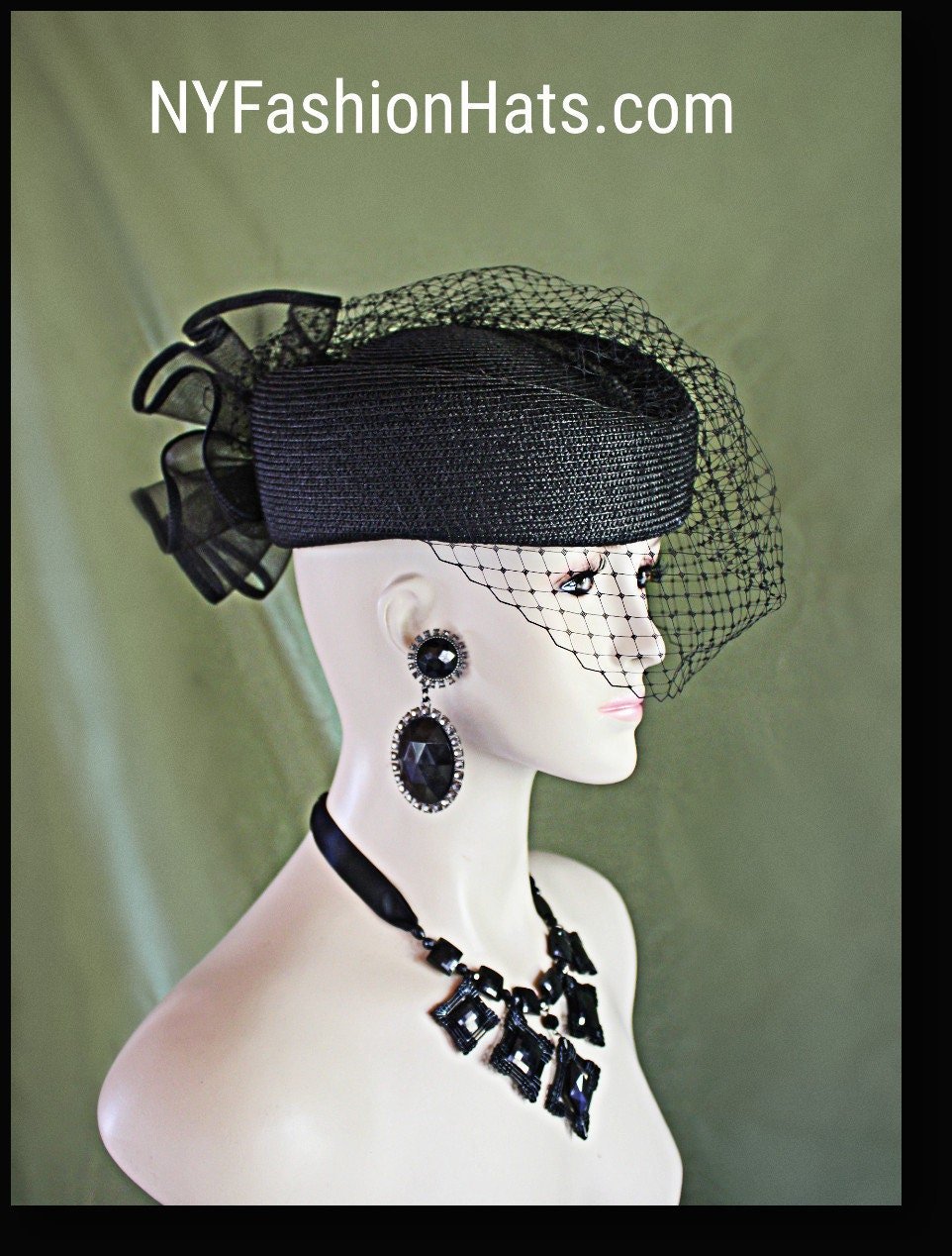 Black Pillbox Formal Fashion Hat With A Veil, Couture Designer Hats, Mother Of The Bride, Bridal Weddings Church Races, NYFashionHats Parker - Image 6
