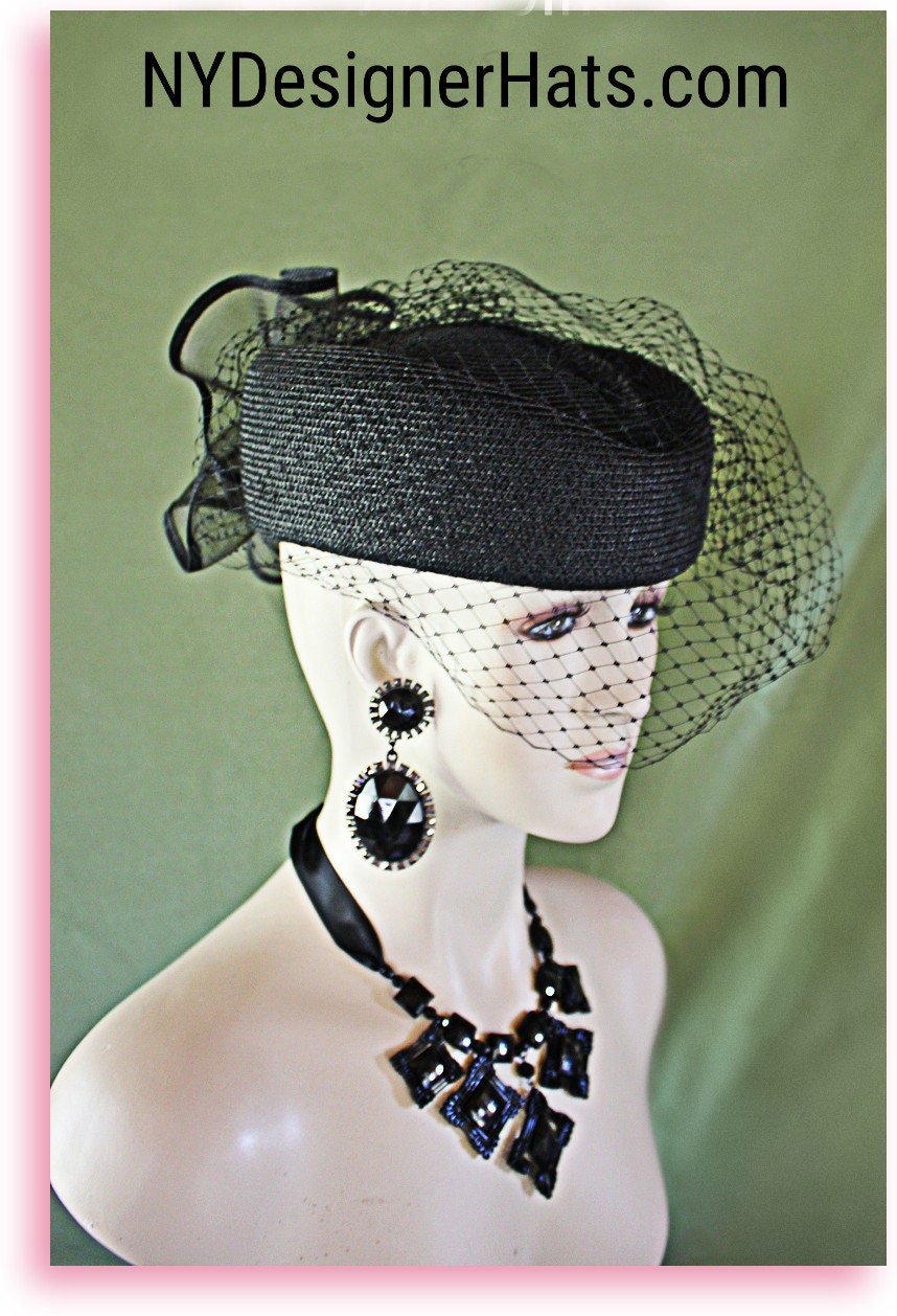 Black Pillbox Formal Fashion Hat With A Veil, Couture Designer Hats, Mother Of The Bride, Bridal Weddings Church Races, NYFashionHats Parker - Image 8