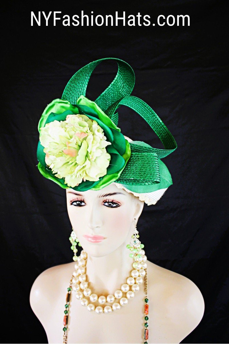 Couture Hats For Women, Ivory Kelly Green Shaped Pillbox Wedding Bridal Hat Headpiece, Custom Luxury Millinery Hat By NYFashionHats, Paris - Image 7