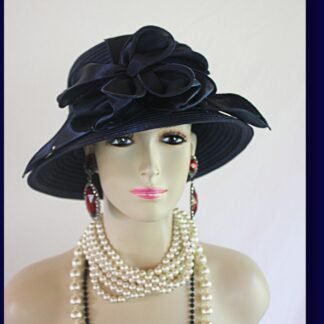 Women's Navy Blue Big Bow Designer Satin Dress Hat, Elegant Wedding Church Formal Sabbath Hat, Hats For Holidays, NYFashionHats Celia