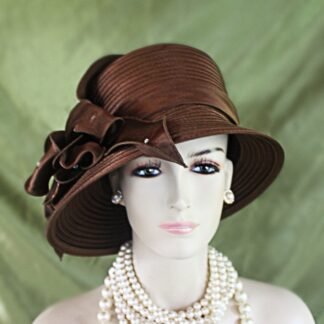 Women's Brown Big Bow Designer Satin Dress Hat, Elegant Wedding Church Formal Sabbath Hat, Hats For Holidays, NYFashionHats Adaline