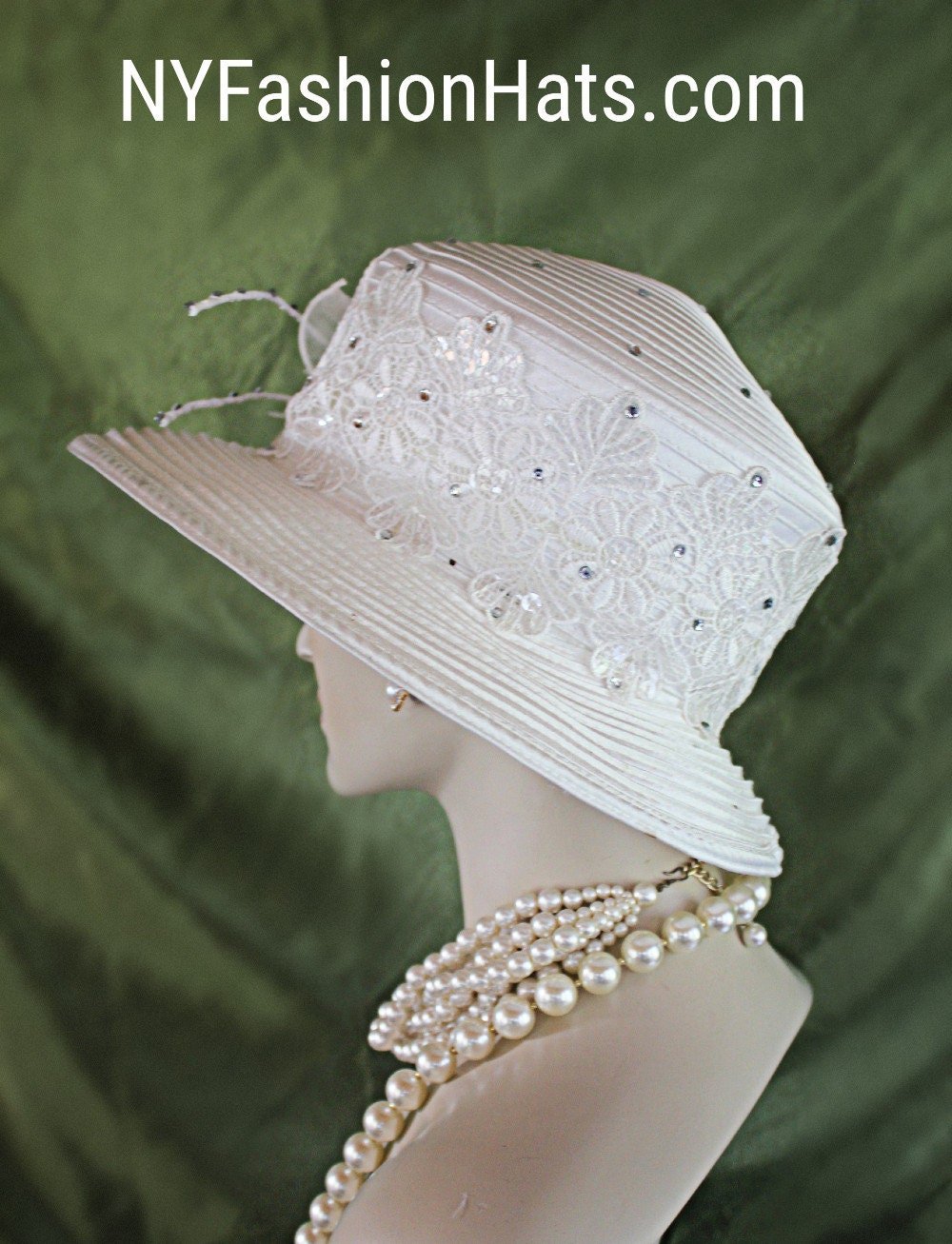 Women's White Embroidered Designer Satin Dress Hat, Hats For Brides, Wedding Church Formal Sabbath Hat, Hats For Holidays, NYFashionHats Bea - Image 3