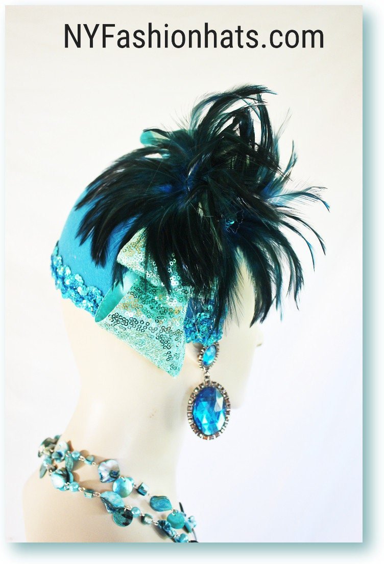 Haute Couture Statement Turquoise Blue Green Winter Cocktail Hat Wedding Fascinator For Women, Sequin Feather Designer Headpiece Bridal - Image 6