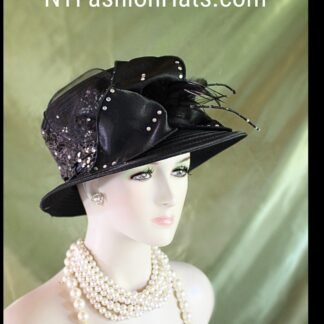 Women's Black Embroidered Designer Satin Dress Hat, Funeral Hats, Wedding Church Formal Sabbath Hat, Hats For Holidays, NYFashionHats Affie