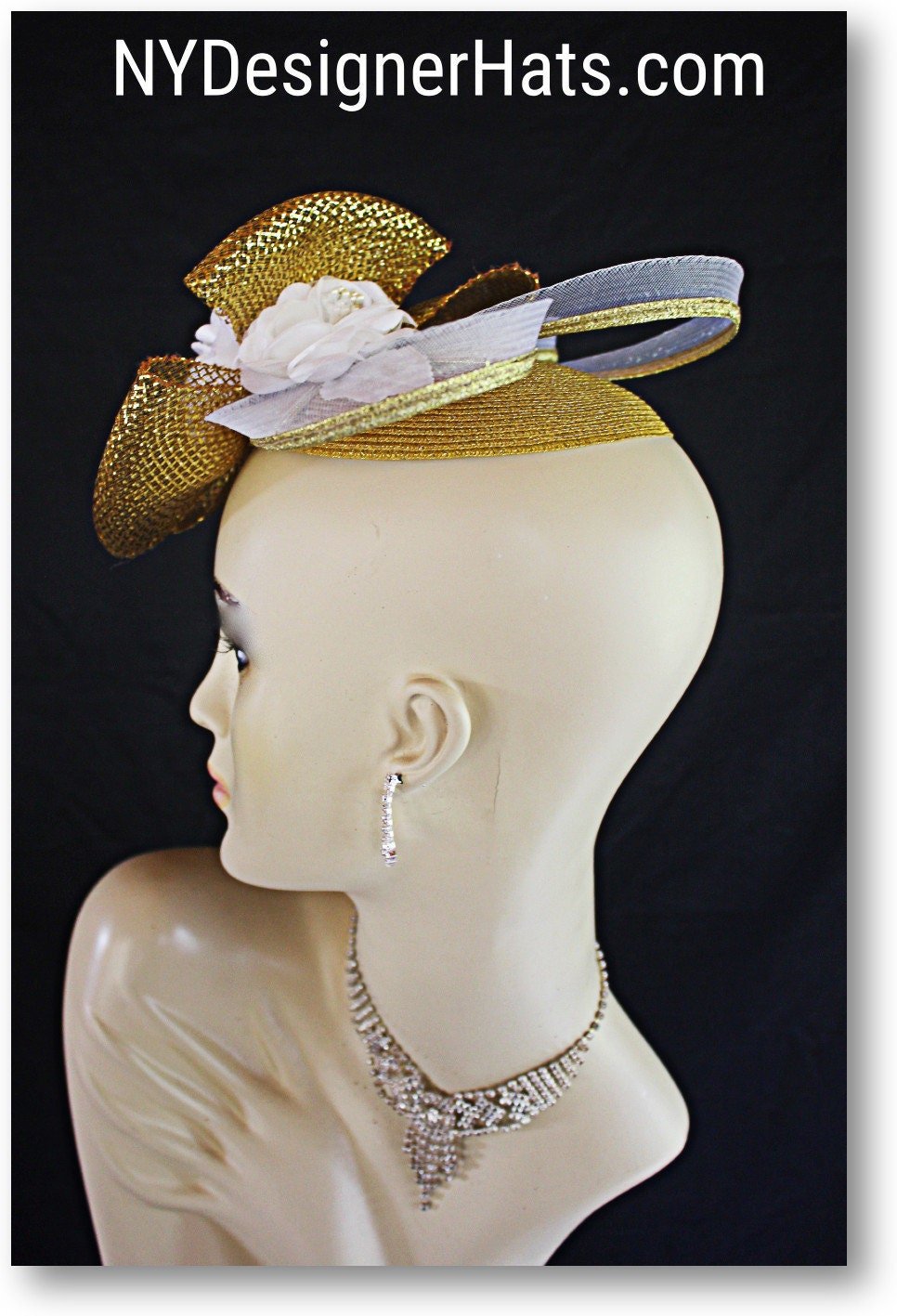 Metallic Gold White Cocktail Hat, Wedding Bridal Fascinator Headpiece, Couture Designer Hats, Mother Of The Bride Dress Hat, NYFashionHats - Image 7