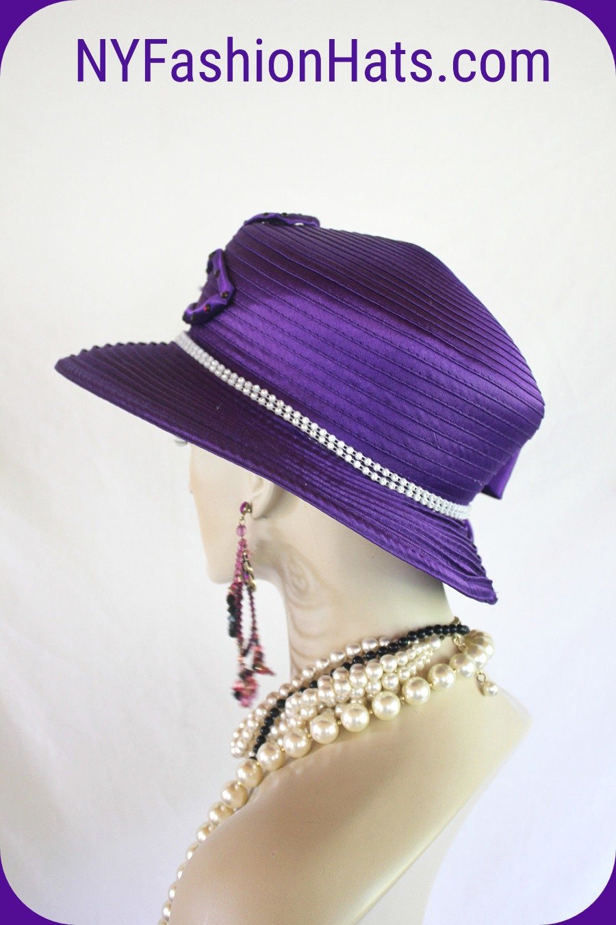 Satin Hat Big Brim Purple White, Haute Couture Designer Hats, NY Fashion Hats, Formal Wedding Bridal Hat, Church Sabbath Hat, Dress Hats - Image 6