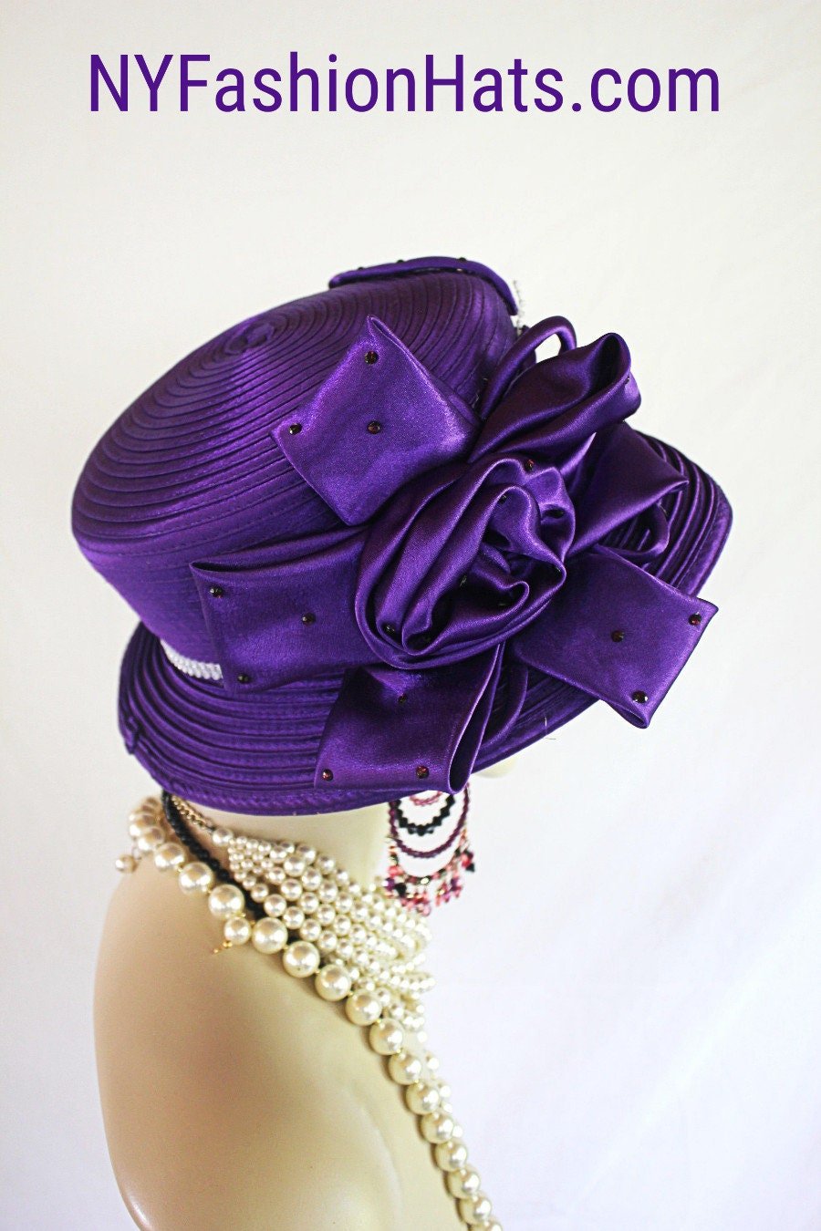 Satin Hat Big Brim Purple White, Haute Couture Designer Hats, NY Fashion Hats, Formal Wedding Bridal Hat, Church Sabbath Hat, Dress Hats - Image 7