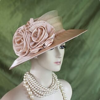 Women's Couture Champagne Beige Satin Straw Wedding Hat, Bridal Headpiece, Hats For Brides, Mother Of The Bride Hat, NYFashionHats Millinery