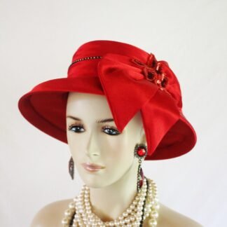 Women's Red Black Sequin Designer Satin Dress Hat, Elegant Wedding Church Formal Sabbath Hat, Hats For Holidays, NYFashionHats Millinery