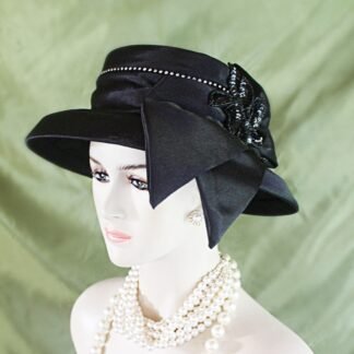 Women's Black Sequin Designer Satin Dress Hat, Elegant Wedding Church Formal Sabbath Holiday Hat, NYFashionHats Bridal Couture Millinery