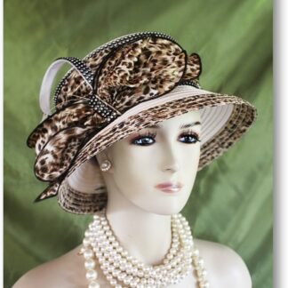 Brown Beige Black Animal Leopard Print Satin Dress Hat, Couture Designer Hats For Women, Sabbath Church Holiday Wedding Hat, NYFashionHats