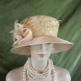 Women's Champagne Beige Embroidered Designer Satin Dress Hat, Elegant Wedding Church Formal Sabbath Hat, Hats For Holidays, NYFashionHats