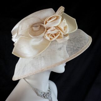 Women's Champagne Beige Designer Sinamay Straw Satin Dress Hat, Big Brim Wedding Church Formal Sabbath Hat, Hats For Holidays, NYFashionHats