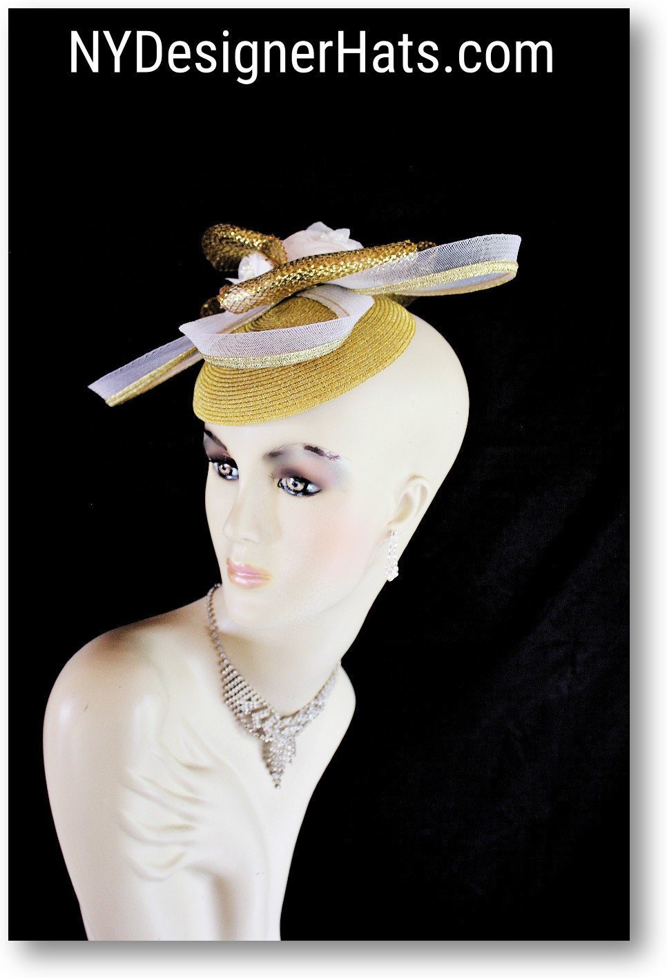 Metallic Gold White Cocktail Hat, Wedding Bridal Fascinator Headpiece, Couture Designer Hats, Mother Of The Bride Dress Hat, NYFashionHats - Image 6