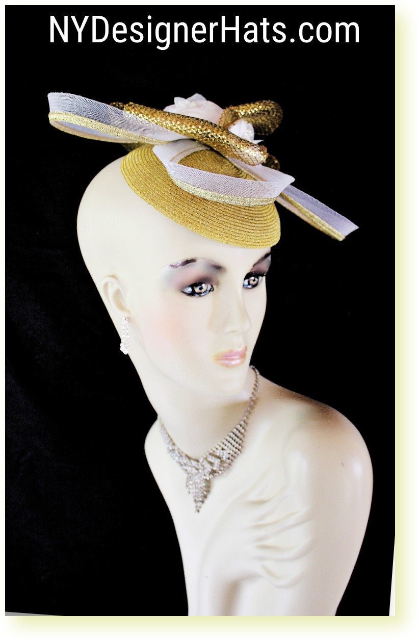 Metallic Gold White Cocktail Hat, Wedding Bridal Fascinator Headpiece, Couture Designer Hats, Mother Of The Bride Dress Hat, NYFashionHats - Image 8