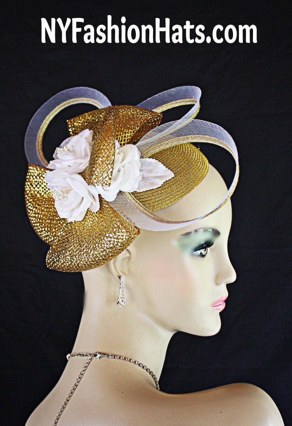 Metallic Gold White Cocktail Hat, Wedding Bridal Fascinator Headpiece, Couture Designer Hats, Mother Of The Bride Dress Hat, NYFashionHats - Image 10