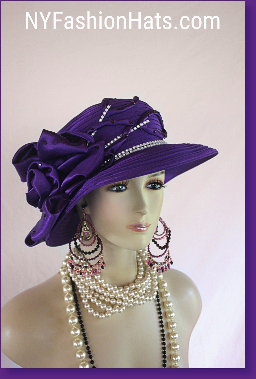 Satin Hat Big Brim Purple White, Haute Couture Designer Hats, NY Fashion Hats, Formal Wedding Bridal Hat, Church Sabbath Hat, Dress Hats - Image 5