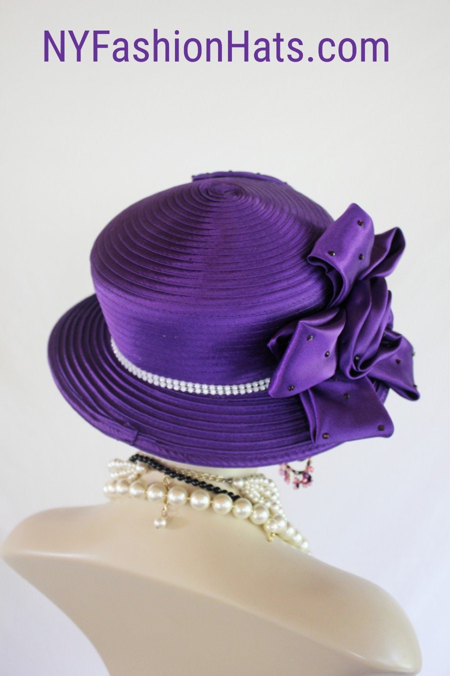 Satin Hat Big Brim Purple White, Haute Couture Designer Hats, NY Fashion Hats, Formal Wedding Bridal Hat, Church Sabbath Hat, Dress Hats - Image 8