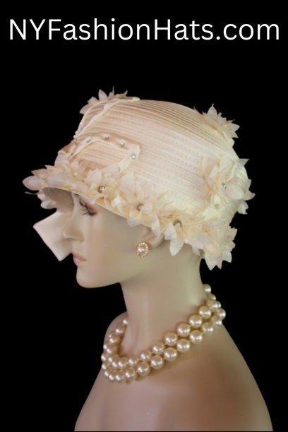 Avant Garde Beige Ivory Satin Haute Couture Hat, Cloche Formal Church Hat, Dress Wedding Luxury Hat, NYFashionHats Millinery Headwear, Anna - Image 2