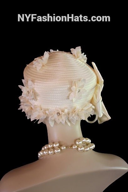 Avant Garde Beige Ivory Satin Haute Couture Hat, Cloche Formal Church Hat, Dress Wedding Luxury Hat, NYFashionHats Millinery Headwear, Anna - Image 3