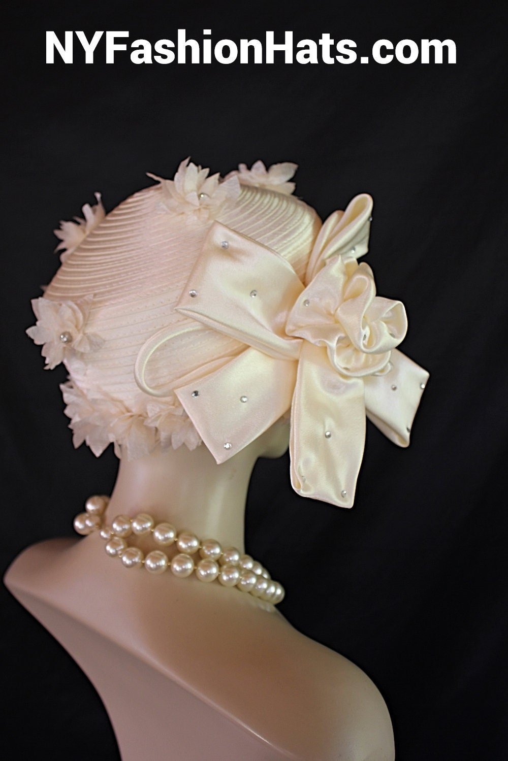 Avant Garde Beige Ivory Satin Haute Couture Hat, Cloche Formal Church Hat, Dress Wedding Luxury Hat, NYFashionHats Millinery Headwear, Anna - Image 10