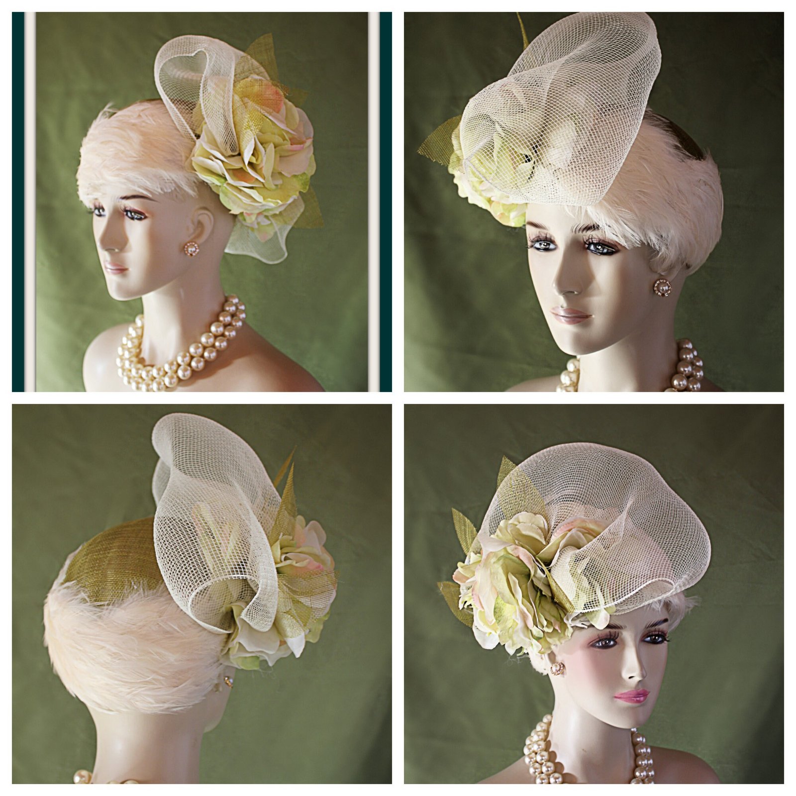Haute Couture Designer Sinamay Straw Pillbox Hat, Wedding Bridal Hat, Lime Olive Green Beige Ivory Hat, Hats For Horse Races, NYFashionHats - Image 8
