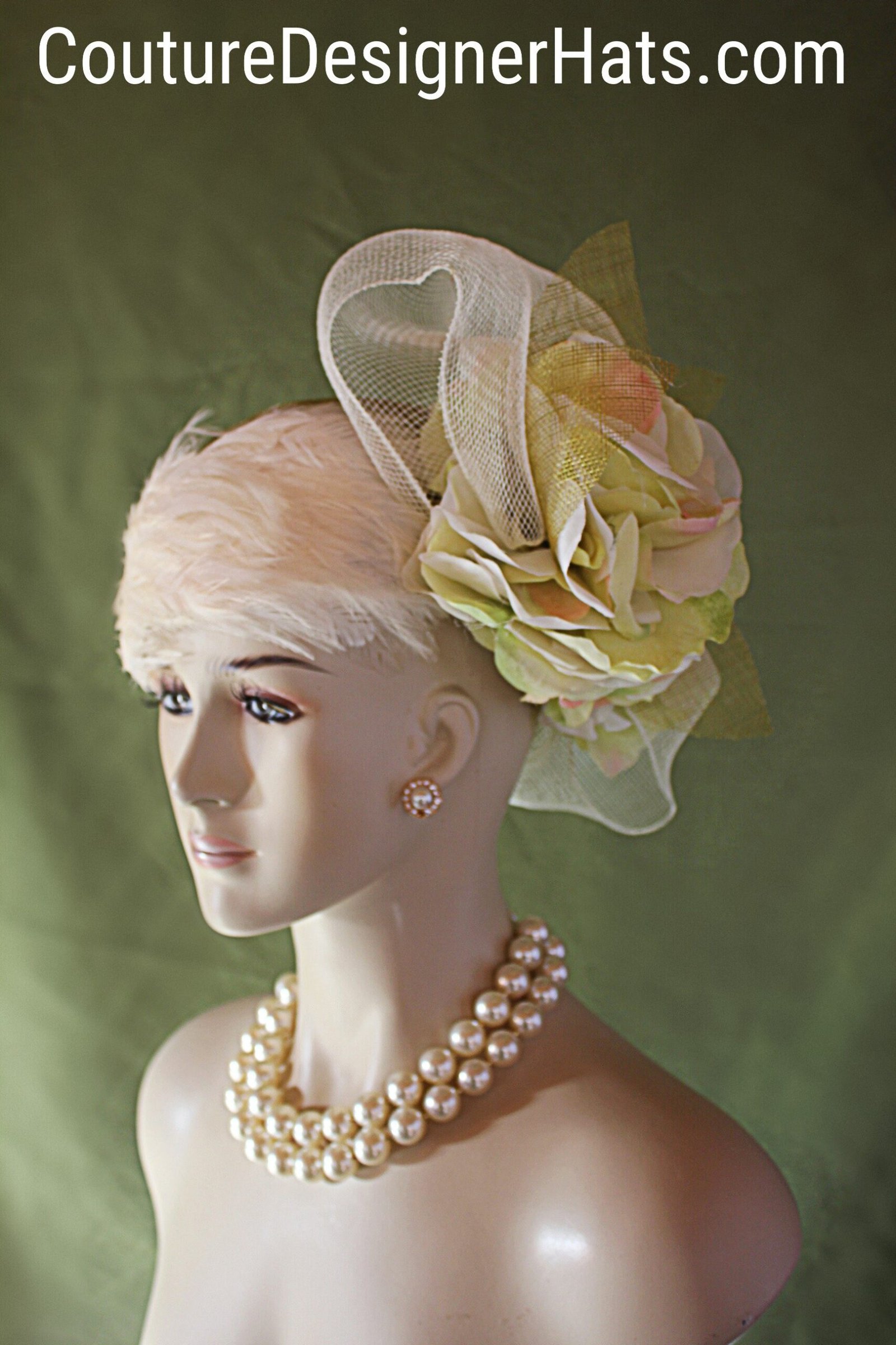 Haute Couture Designer Sinamay Straw Pillbox Hat, Wedding Bridal Hat, Lime Olive Green Beige Ivory Hat, Hats For Horse Races, NYFashionHats - Image 9