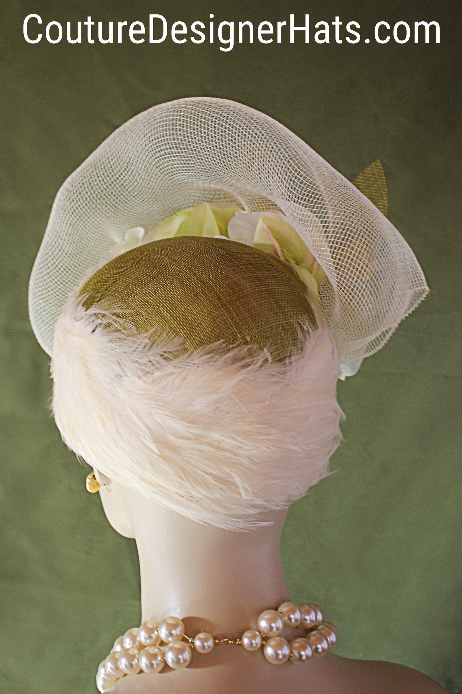 Haute Couture Designer Sinamay Straw Pillbox Hat, Wedding Bridal Hat, Lime Olive Green Beige Ivory Hat, Hats For Horse Races, NYFashionHats - Image 10