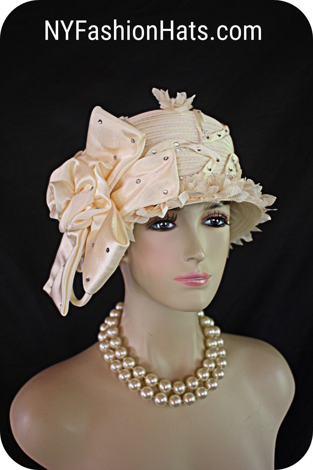 Avant Garde Beige Ivory Satin Haute Couture Hat, Cloche Formal Church Hat, Dress Wedding Luxury Hat, NYFashionHats Millinery Headwear, Anna
