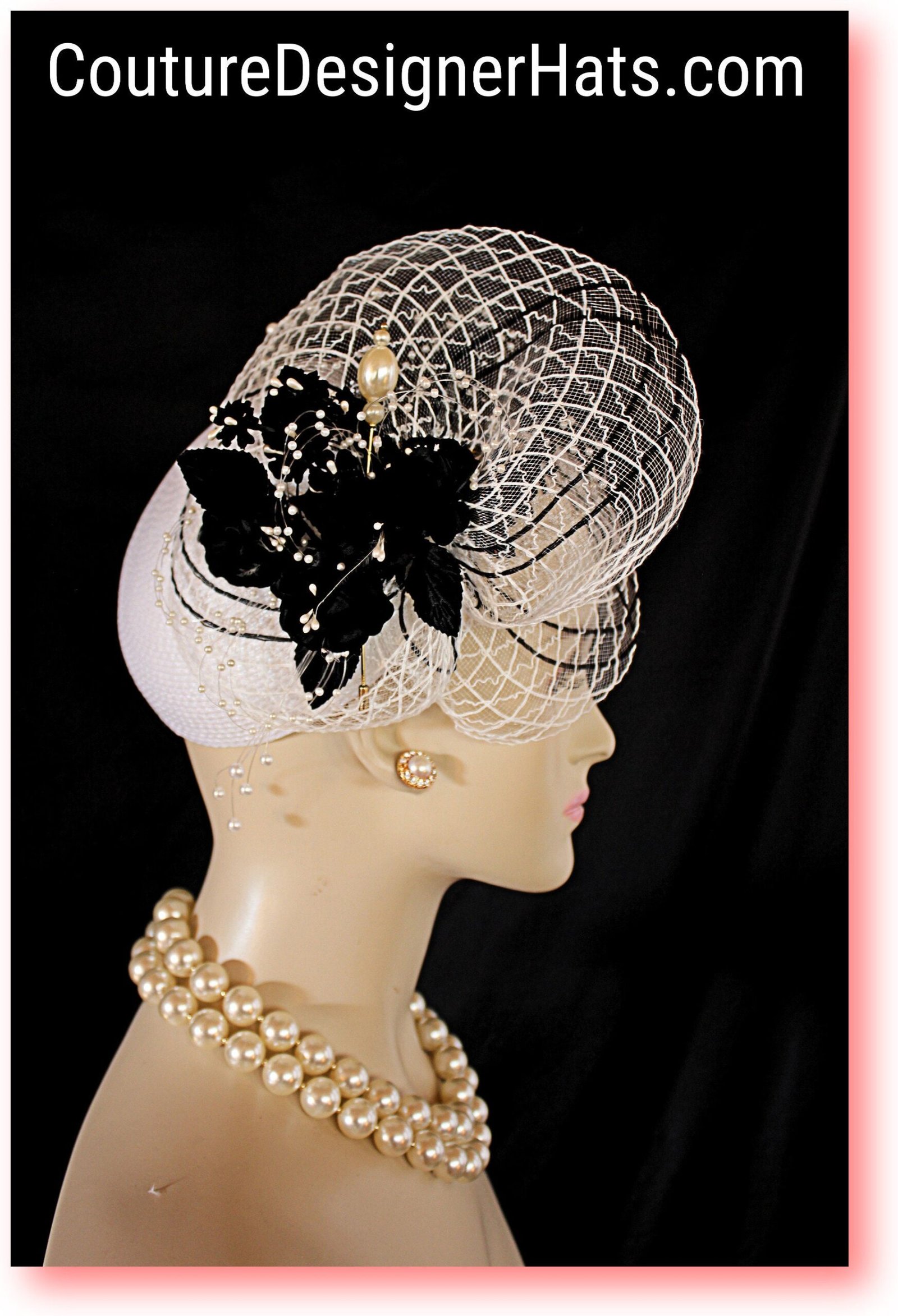 Wedding Bridal Cocktail Hat Headpiece, Black And White Disk Saucer Fascinator, Couture Designer Hats For Women, Hatinator, NYFashionHats - Image 7