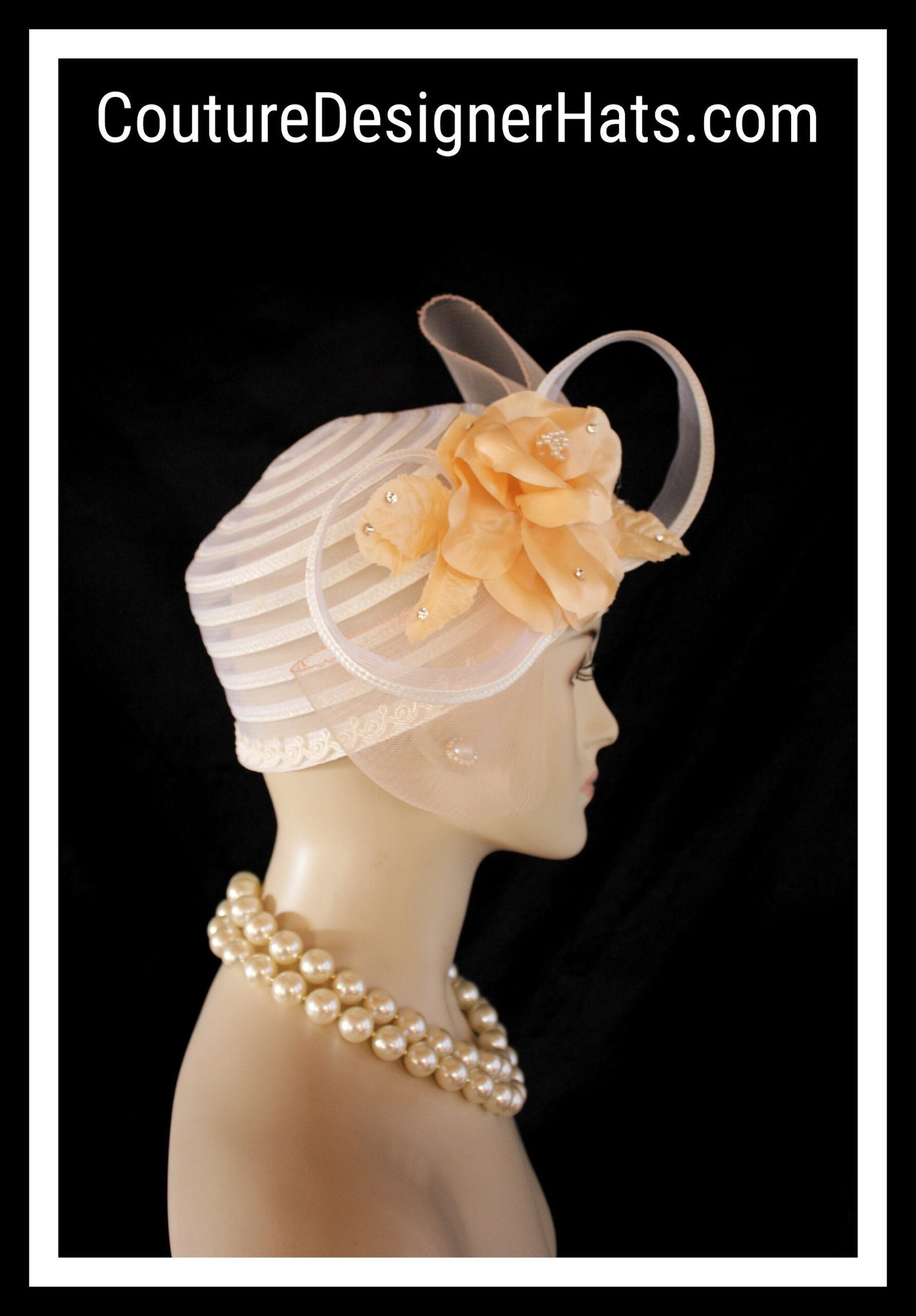 Haute Couture Beige Peach Sheer Pillbox Bridal Hat, Hats For Wedding Guests Brides, Formal Dress Hat For Women, Luxury Designer Ladies Hat - Image 6