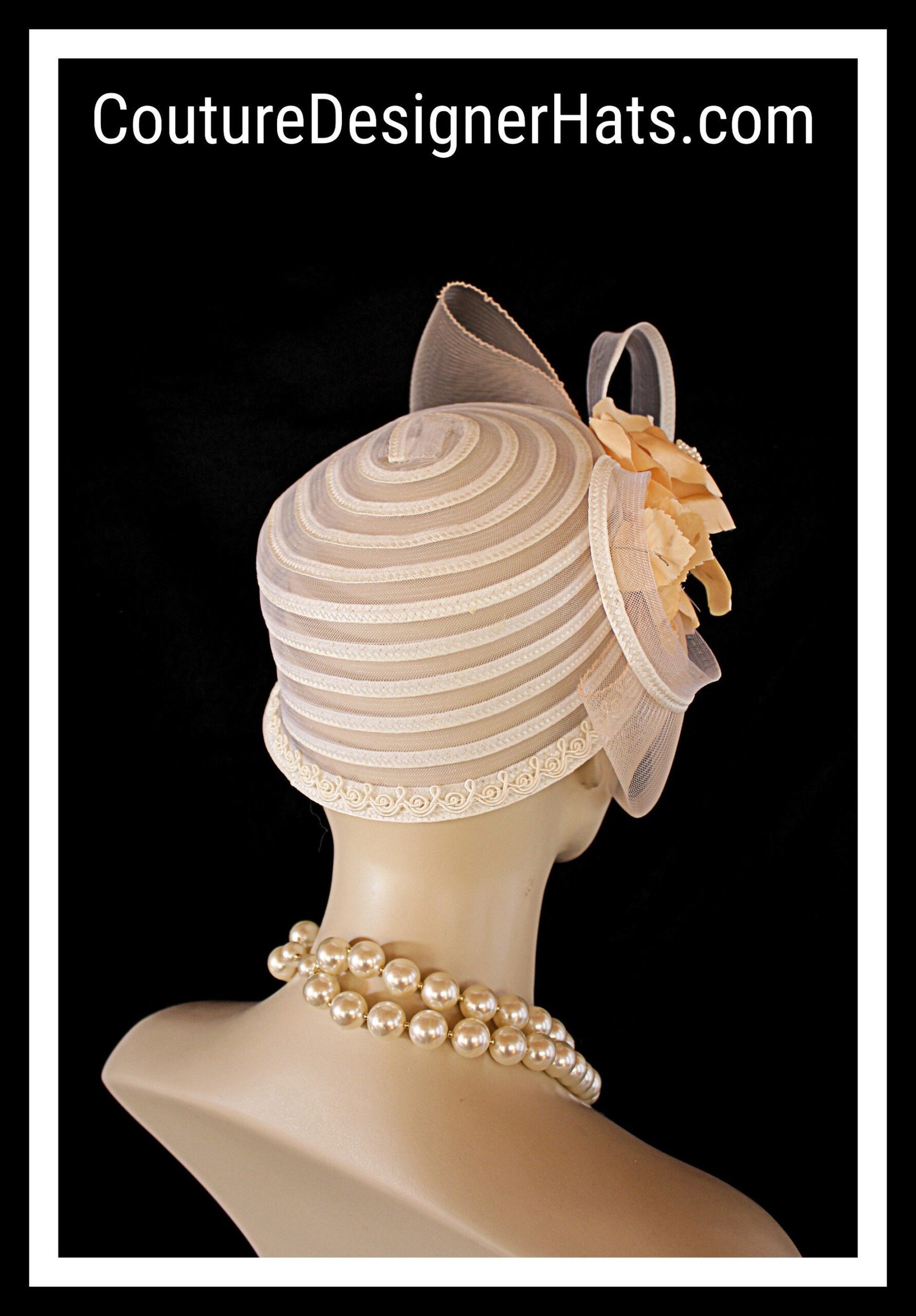Haute Couture Beige Peach Sheer Pillbox Bridal Hat, Hats For Wedding Guests Brides, Formal Dress Hat For Women, Luxury Designer Ladies Hat - Image 7