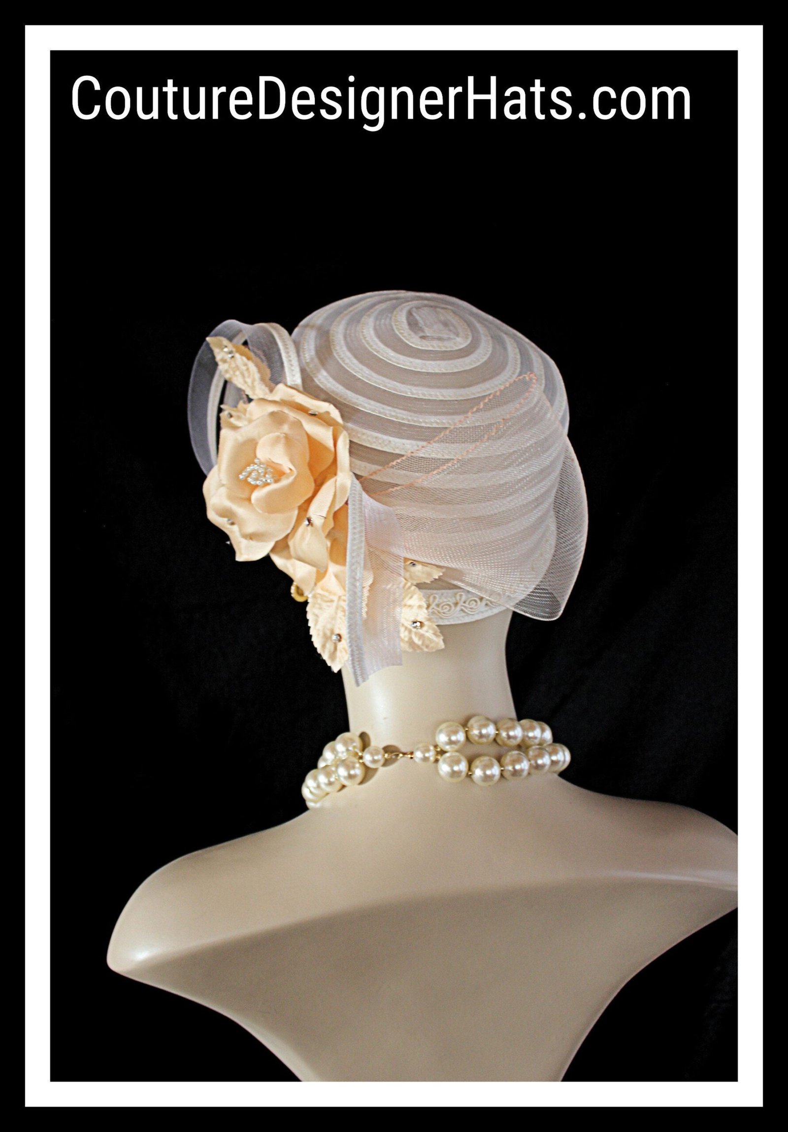 Haute Couture Beige Peach Sheer Pillbox Bridal Hat, Hats For Wedding Guests Brides, Formal Dress Hat For Women, Luxury Designer Ladies Hat - Image 8