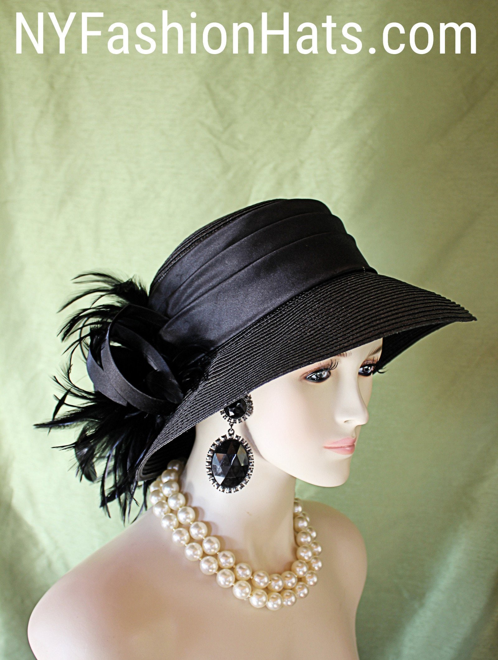 Women's Black Formal Big Brim Dress Hat, Wedding Church Occasion Hat, NY Fashion Hats Millinery Haute Couture, Designer Hats For Horse Races - Image 6