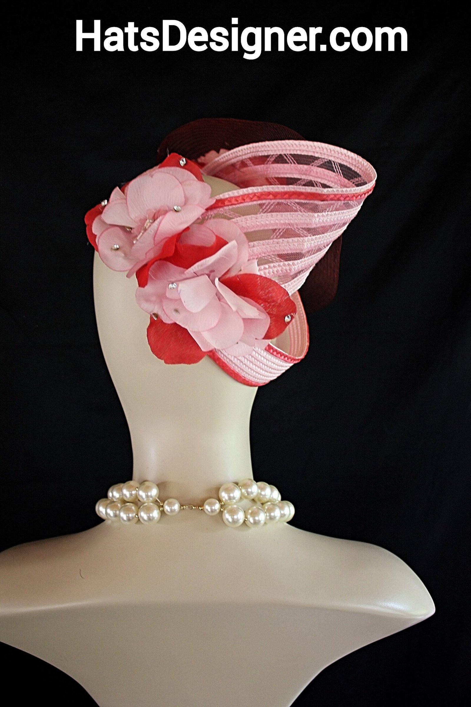 Avant Garde Pink Red Wedding Fascinator, Bridal Headpiece, Cocktail Hat, Hats For Formals Dress Church Weddings, NY Fashion Hats Couture - Image 6