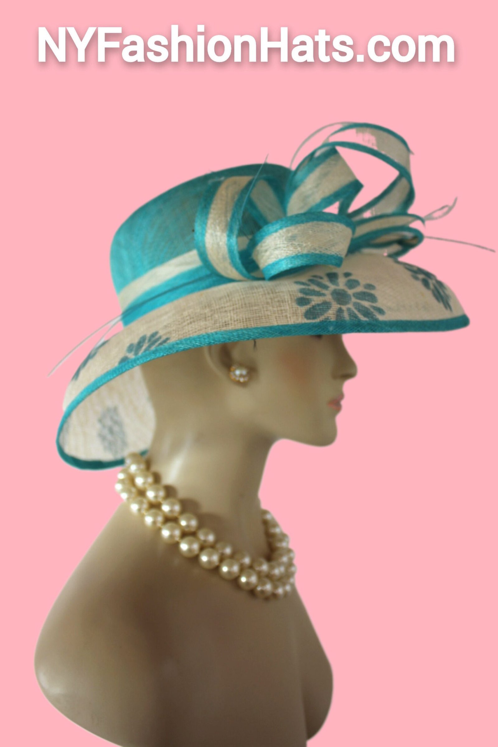 Turquoise Blue Beige Sinamay Straw Hat Women, Formal Wedding Dress Hat, Cruise Wear Sun Hat Vacation, Hats For Horse Races, NYFashionHats - Image 3