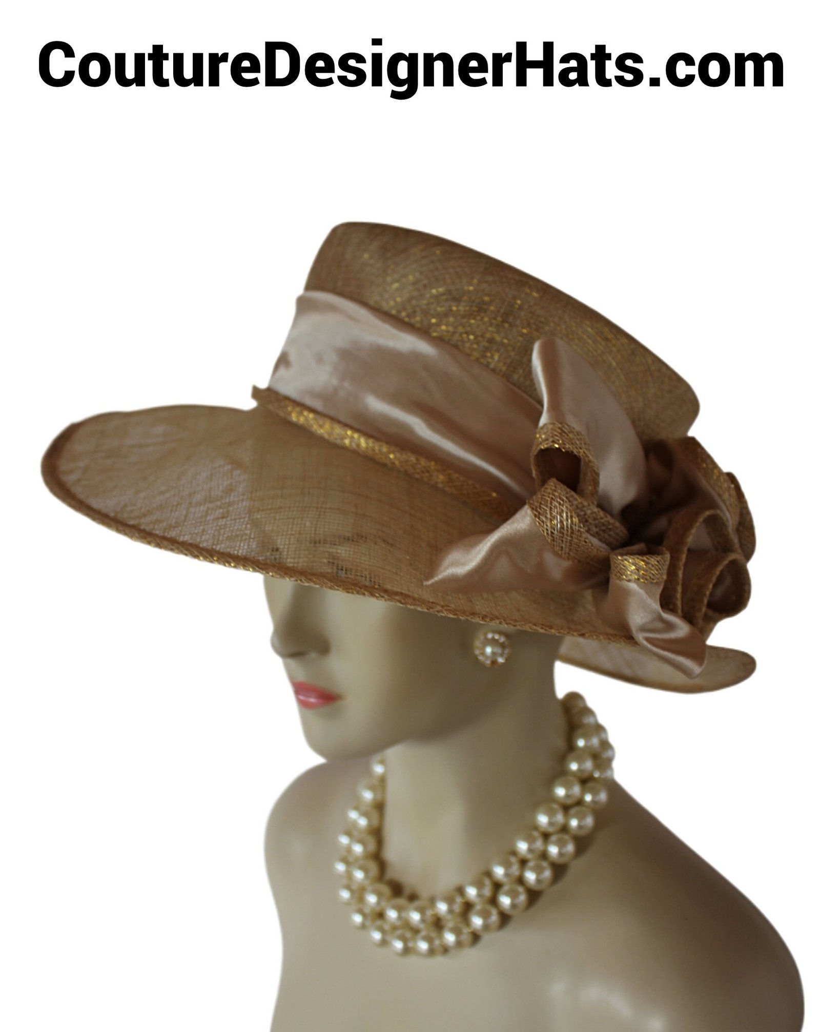 Metallic Gold Beige Sinamay Straw Satin Hat Women, Formal Wedding Dress Hat, Cruise Wear Sun Hat Vacation, Hats Horse Races, NYFashionHats - Image 2