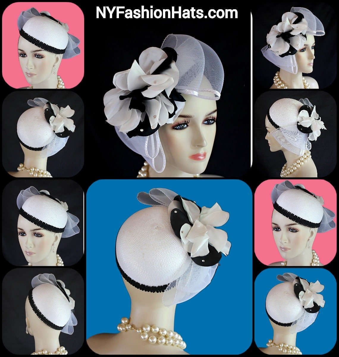 White Black Pillbox Cocktail Hat, Wedding Bridal Headpiece, Mother Of The Bride Hats, NY Fashion Hats, Haute Couture Millinery Horse Races