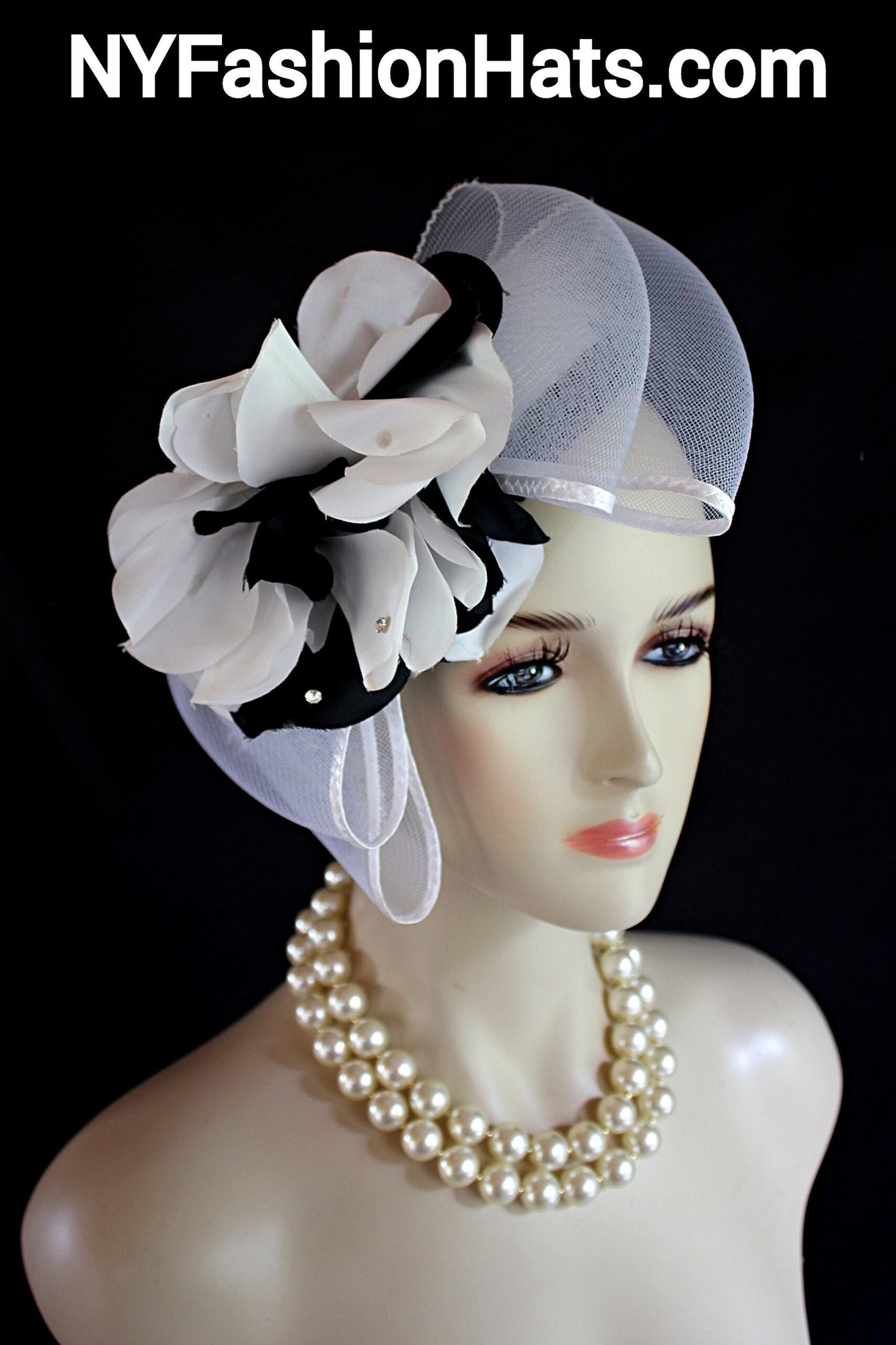 White Black Pillbox Cocktail Hat, Wedding Bridal Headpiece, Mother Of The Bride Hats, NY Fashion Hats, Haute Couture Millinery Horse Races - Image 2