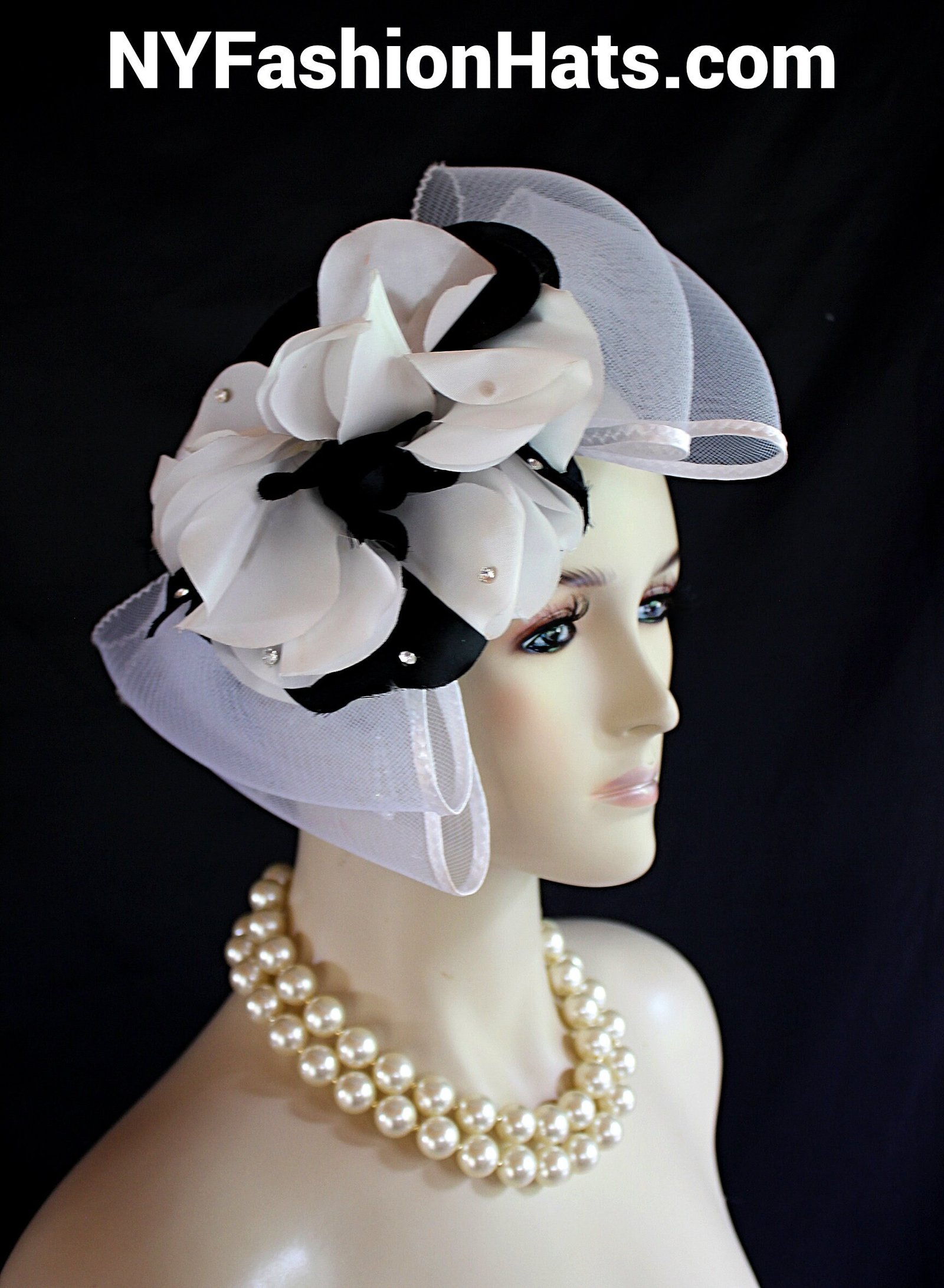 White Black Pillbox Cocktail Hat, Wedding Bridal Headpiece, Mother Of The Bride Hats, NY Fashion Hats, Haute Couture Millinery Horse Races - Image 4