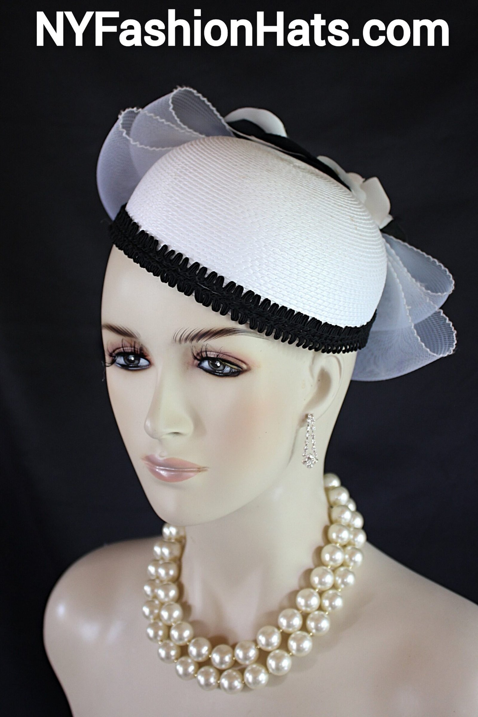 White Black Pillbox Cocktail Hat, Wedding Bridal Headpiece, Mother Of The Bride Hats, NY Fashion Hats, Haute Couture Millinery Horse Races - Image 5