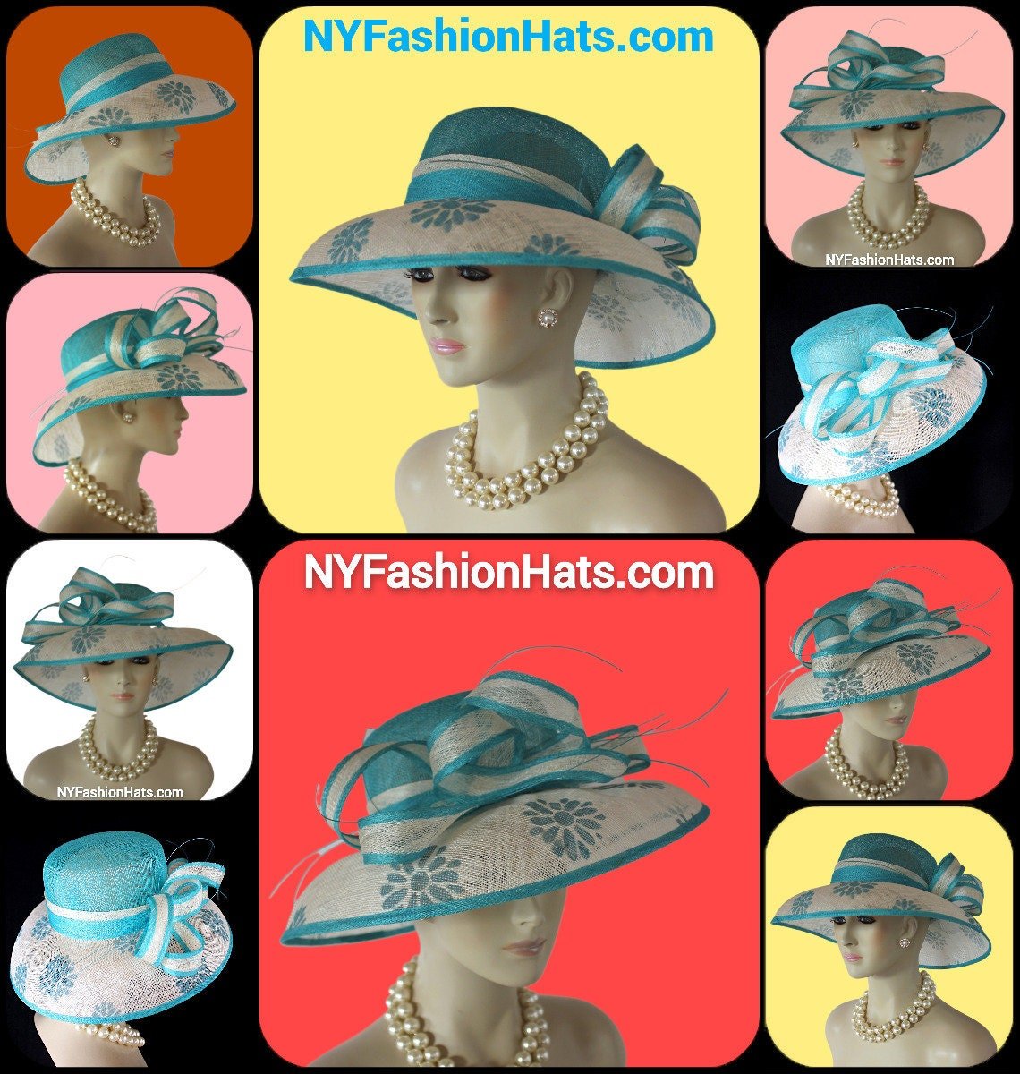 Turquoise Blue Beige Sinamay Straw Hat Women, Formal Wedding Dress Hat, Cruise Wear Sun Hat Vacation, Hats For Horse Races, NYFashionHats