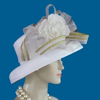 White Metallic Gold Large Brim Dress Hat, Avant Garde Formal Wedding Hat, Haute Couture Designer Hat, NY Fashion Hats, Hats For Horse Races
