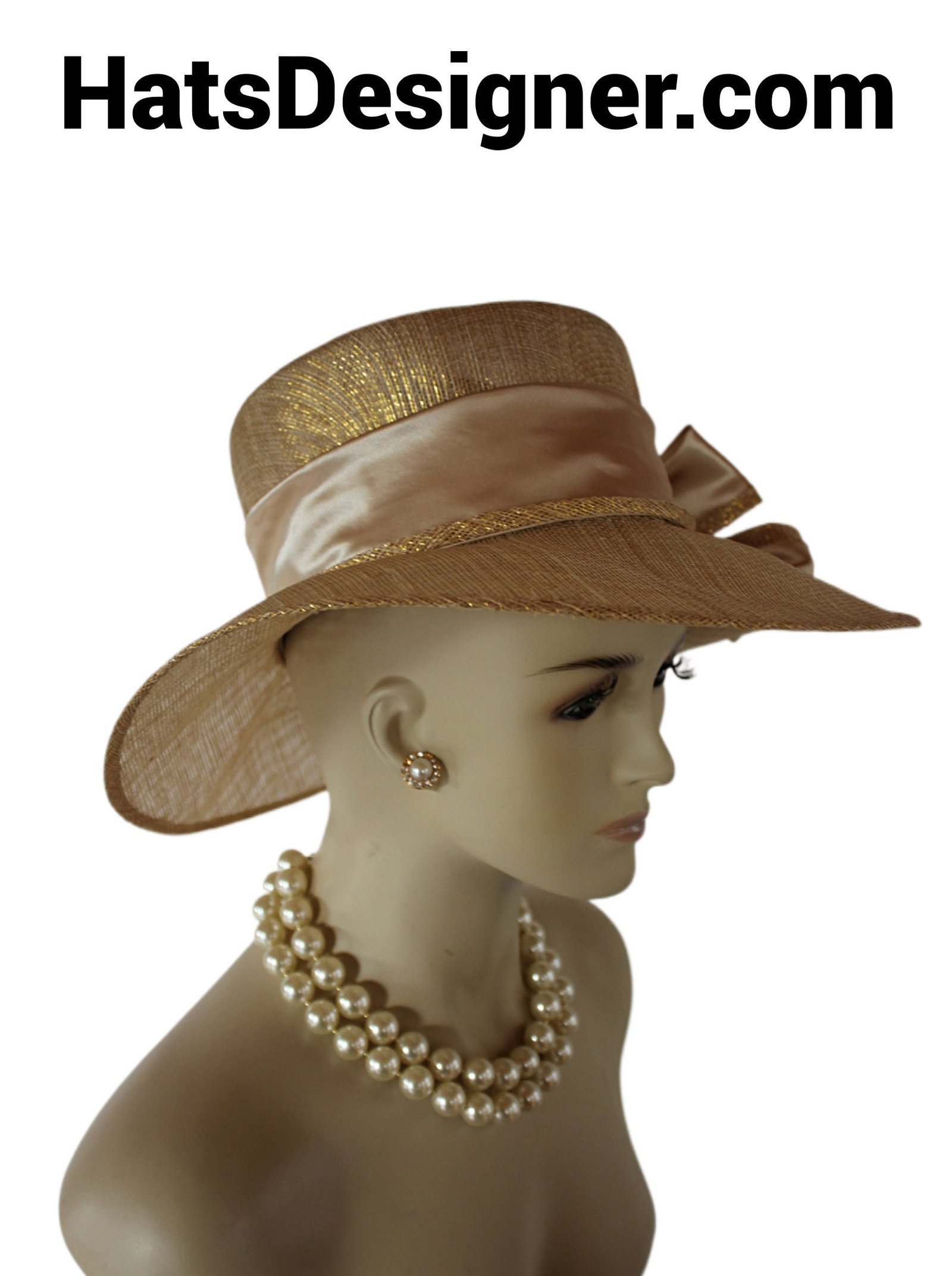 Metallic Gold Beige Sinamay Straw Satin Hat Women, Formal Wedding Dress Hat, Cruise Wear Sun Hat Vacation, Hats Horse Races, NYFashionHats - Image 4