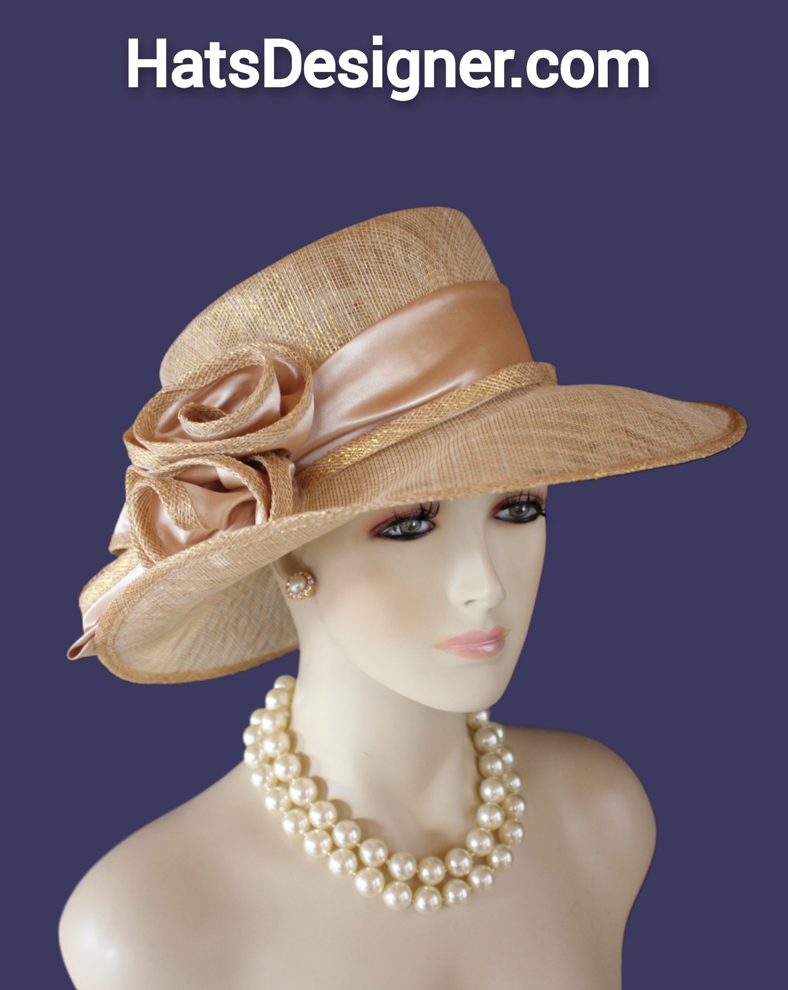 Metallic Gold Beige Sinamay Straw Satin Hat Women, Formal Wedding Dress Hat, Cruise Wear Sun Hat Vacation, Hats Horse Races, NYFashionHats - Image 6