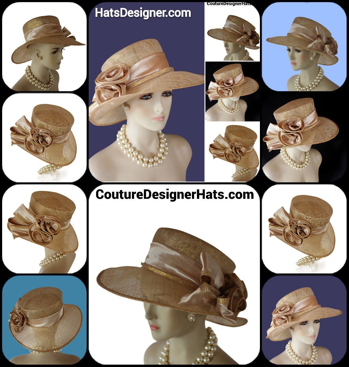 Metallic Gold Beige Sinamay Straw Satin Hat Women, Formal Wedding Dress Hat, Cruise Wear Sun Hat Vacation, Hats Horse Races, NYFashionHats - Image 10