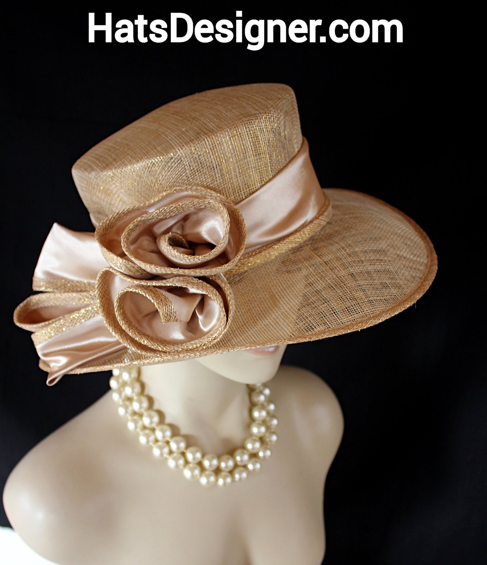 Metallic Gold Beige Sinamay Straw Satin Hat Women, Formal Wedding Dress Hat, Cruise Wear Sun Hat Vacation, Hats Horse Races, NYFashionHats - Image 8