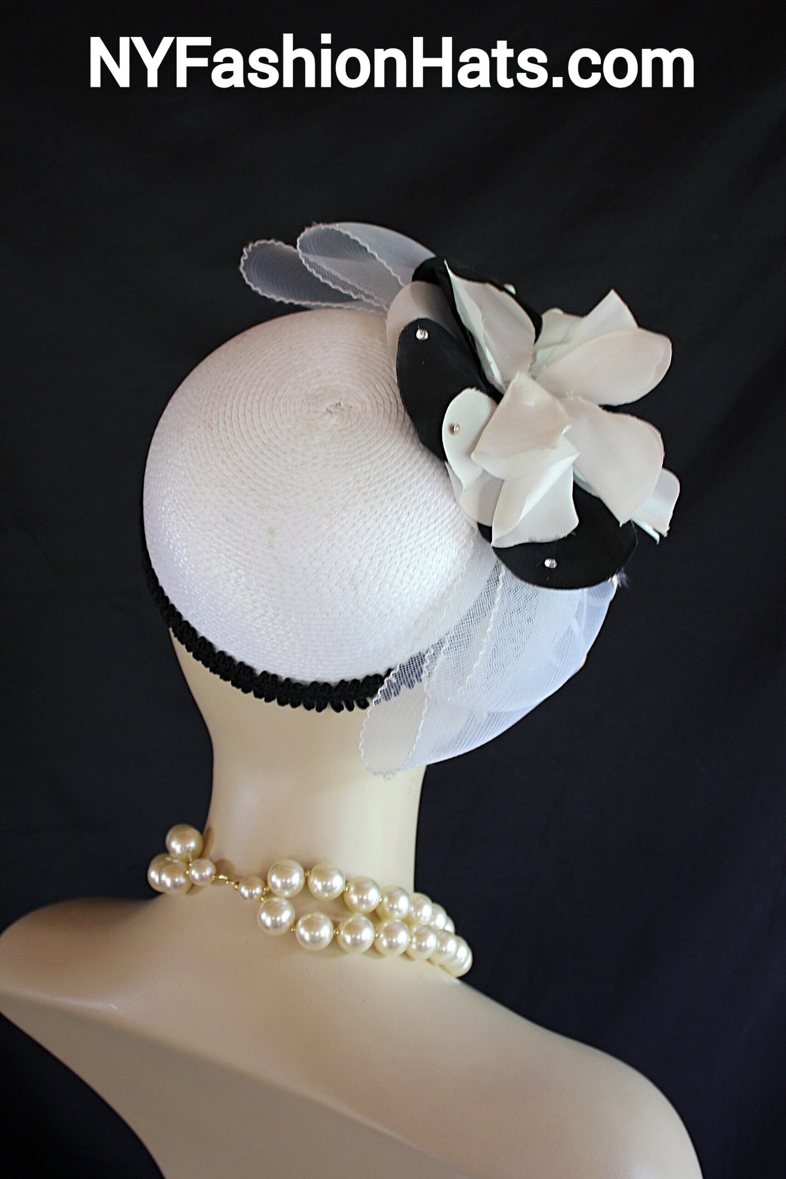 White Black Pillbox Cocktail Hat, Wedding Bridal Headpiece, Mother Of The Bride Hats, NY Fashion Hats, Haute Couture Millinery Horse Races - Image 6