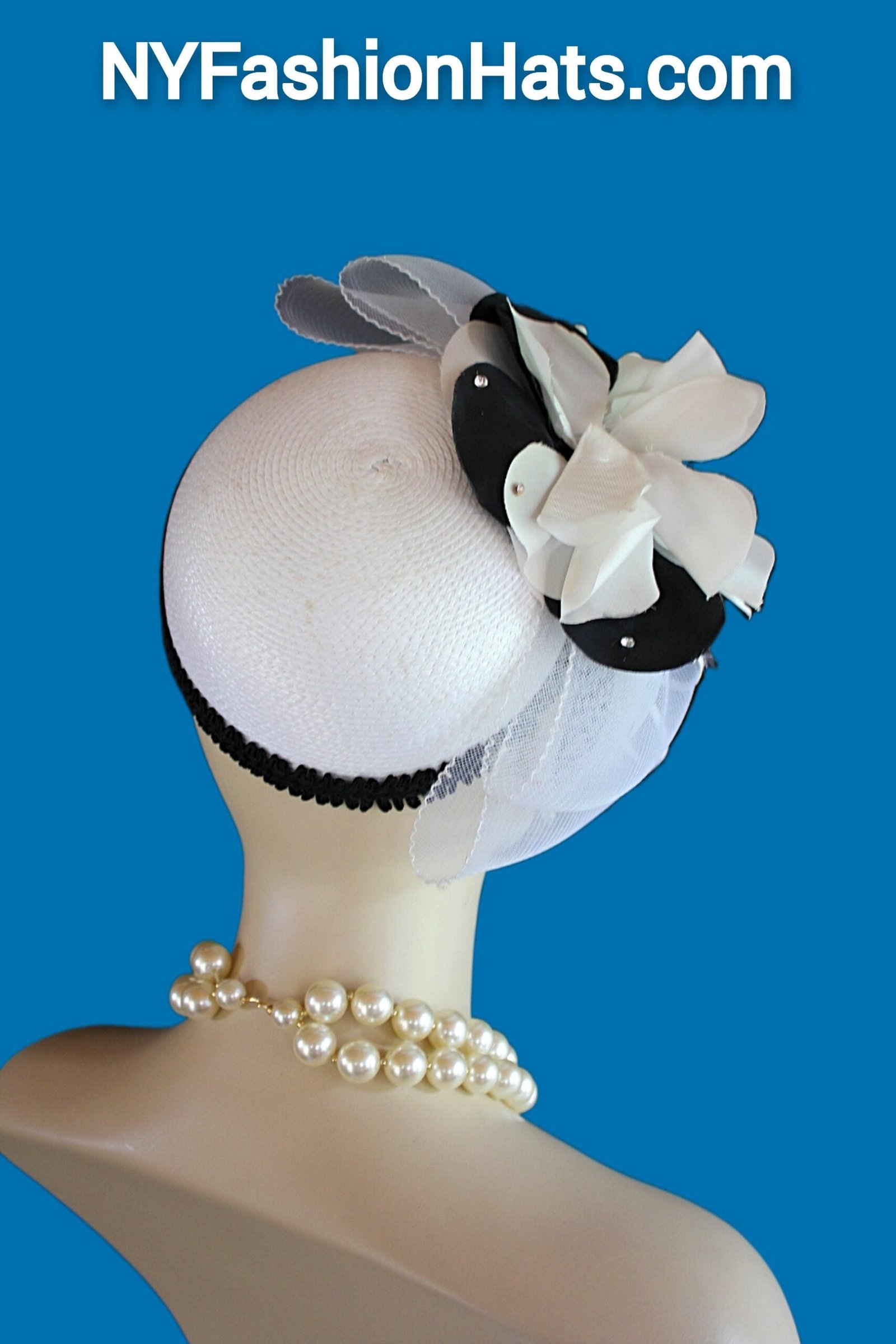 White Black Pillbox Cocktail Hat, Wedding Bridal Headpiece, Mother Of The Bride Hats, NY Fashion Hats, Haute Couture Millinery Horse Races - Image 3